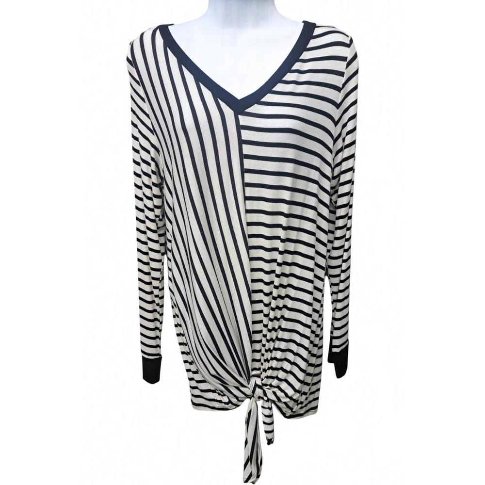 NEW SUN & MOON women's stripes long sleeved v neck top in black/white